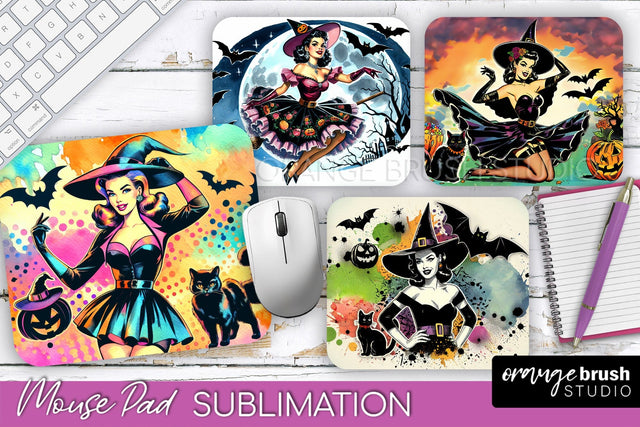 Witch Mouse Pad - Retro Halloween Mousepad Sublimation PNG Sublimation OrangeBrushStudio 