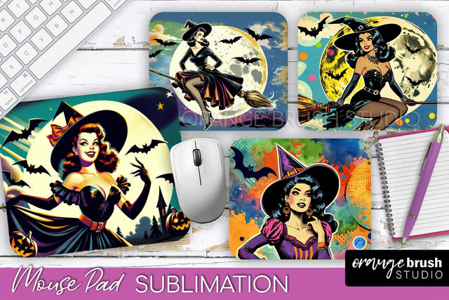 Witch Mouse Pad - Retro Halloween Mousepad Sublimation PNG Sublimation OrangeBrushStudio 