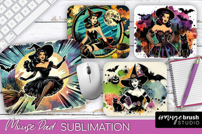 Witch Mouse Pad - Retro Halloween Mousepad Sublimation PNG Sublimation OrangeBrushStudio 