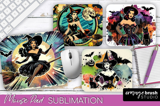 Witch Mouse Pad - Retro Halloween Mousepad Sublimation PNG Sublimation OrangeBrushStudio 
