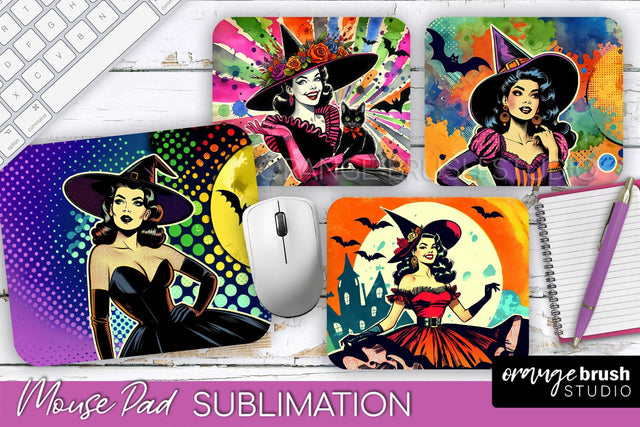 Witch Mouse Pad - Retro Halloween Mousepad Sublimation PNG Sublimation OrangeBrushStudio 