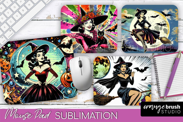Witch Mouse Pad - Retro Halloween Mousepad Sublimation PNG Sublimation OrangeBrushStudio 