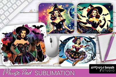 Witch Mouse Pad - Retro Halloween Mousepad Sublimation PNG Sublimation OrangeBrushStudio 