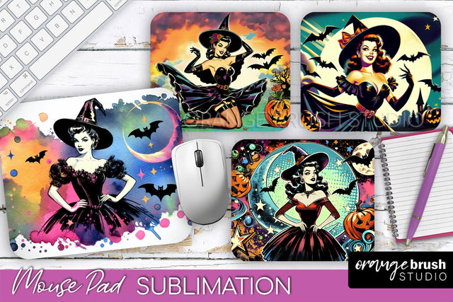 Witch Mouse Pad - Retro Halloween Mousepad Sublimation PNG Sublimation OrangeBrushStudio 