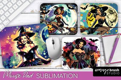 Witch Mouse Pad - Retro Halloween Mousepad Sublimation PNG Sublimation OrangeBrushStudio 