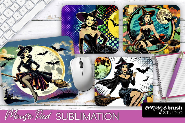 Witch Mouse Pad - Retro Halloween Mousepad Sublimation PNG Sublimation OrangeBrushStudio 