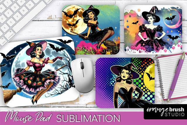 Witch Mouse Pad - Retro Halloween Mousepad Sublimation PNG Sublimation OrangeBrushStudio 