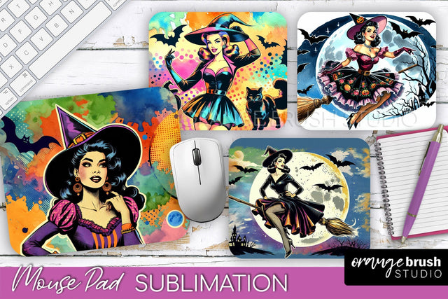 Witch Mouse Pad - Retro Halloween Mousepad Sublimation PNG Sublimation OrangeBrushStudio 