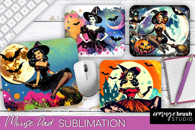 Witch Mouse Pad - Retro Halloween Mousepad Sublimation PNG Sublimation OrangeBrushStudio 