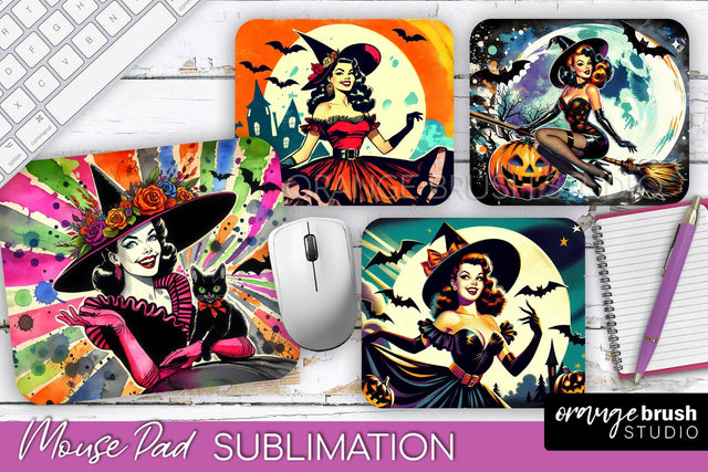 Witch Mouse Pad - Retro Halloween Mousepad Sublimation PNG Sublimation OrangeBrushStudio 