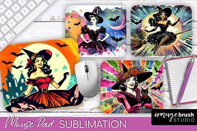 Witch Mouse Pad - Retro Halloween Mousepad Sublimation PNG Sublimation OrangeBrushStudio 