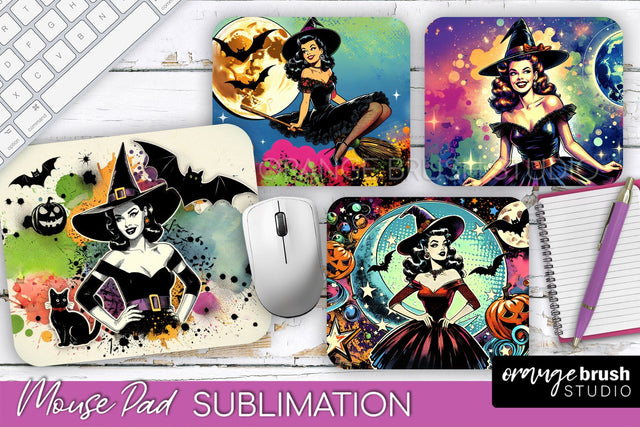 Witch Mouse Pad - Retro Halloween Mousepad Sublimation PNG Sublimation OrangeBrushStudio 