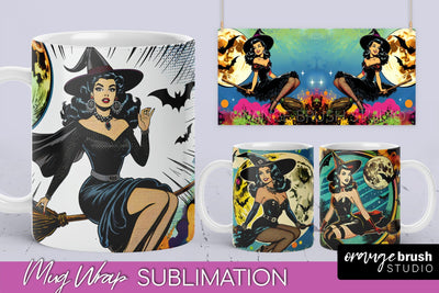 Witch Mug Wrap - Retro Halloween Mug Sublimation Designs Sublimation OrangeBrushStudio 