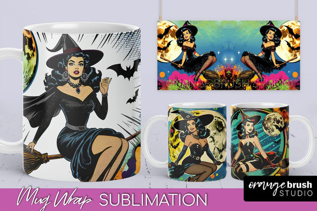 Witch Mug Wrap - Retro Halloween Mug Sublimation Designs Sublimation OrangeBrushStudio 
