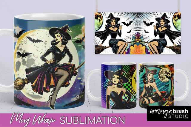 Witch Mug Wrap - Retro Halloween Mug Sublimation Designs Sublimation OrangeBrushStudio 