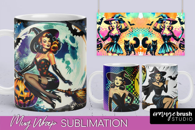 Witch Mug Wrap - Retro Halloween Mug Sublimation Designs Sublimation OrangeBrushStudio 