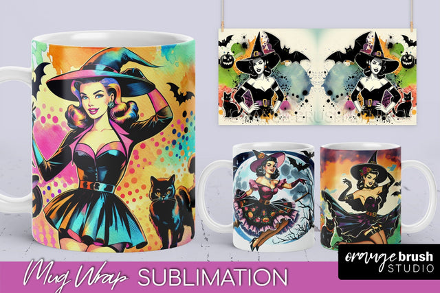 Witch Mug Wrap - Retro Halloween Mug Sublimation Designs Sublimation OrangeBrushStudio 