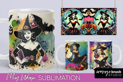 Witch Mug Wrap - Retro Halloween Mug Sublimation Designs Sublimation OrangeBrushStudio 