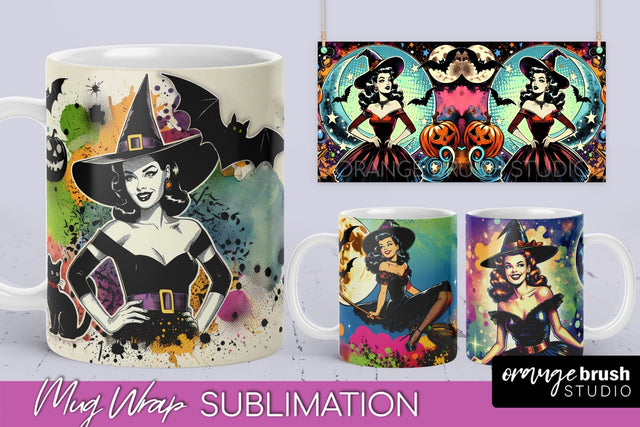 Witch Mug Wrap - Retro Halloween Mug Sublimation Designs Sublimation OrangeBrushStudio 