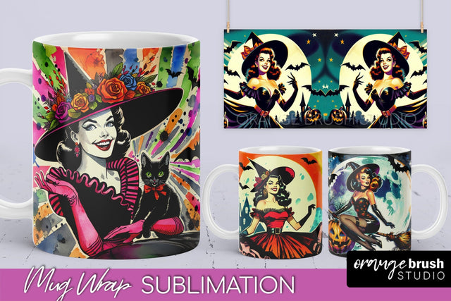 Witch Mug Wrap - Retro Halloween Mug Sublimation Designs Sublimation OrangeBrushStudio 