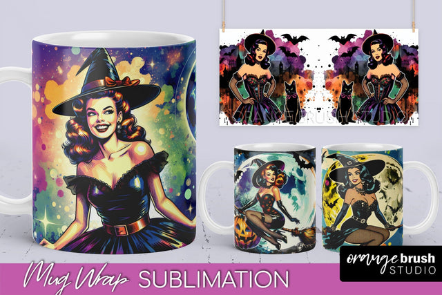 Witch Mug Wrap - Retro Halloween Mug Sublimation Designs Sublimation OrangeBrushStudio 