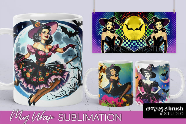 Witch Mug Wrap - Retro Halloween Mug Sublimation Designs Sublimation OrangeBrushStudio 