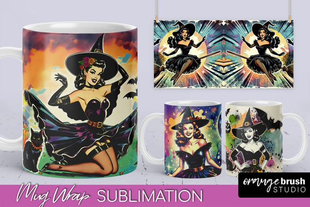Witch Mug Wrap - Retro Halloween Mug Sublimation Designs Sublimation OrangeBrushStudio 