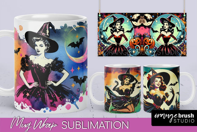 Witch Mug Wrap - Retro Halloween Mug Sublimation Designs Sublimation OrangeBrushStudio 