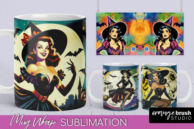 Witch Mug Wrap - Retro Halloween Mug Sublimation Designs Sublimation OrangeBrushStudio 
