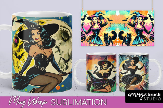Witch Mug Wrap - Retro Halloween Mug Sublimation Designs Sublimation OrangeBrushStudio 