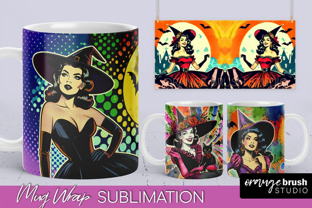 Witch Mug Wrap - Retro Halloween Mug Sublimation Designs Sublimation OrangeBrushStudio 