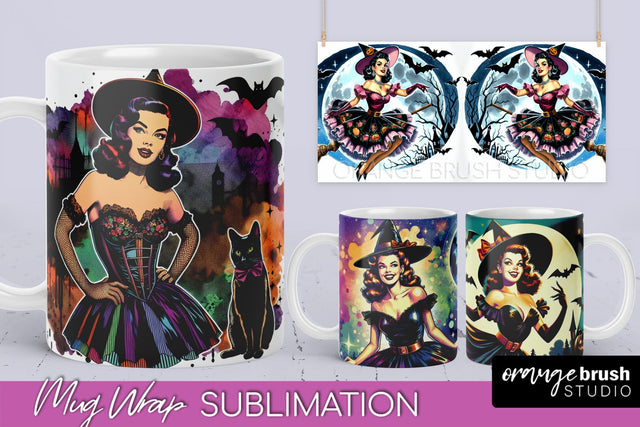 Witch Mug Wrap - Retro Halloween Mug Sublimation Designs Sublimation OrangeBrushStudio 
