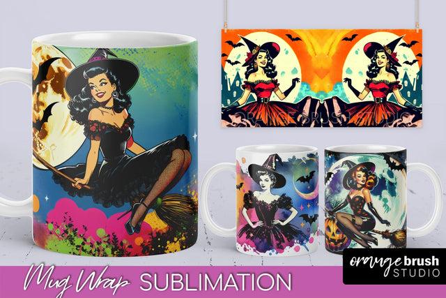 Witch Mug Wrap - Retro Halloween Mug Sublimation Designs Sublimation OrangeBrushStudio 
