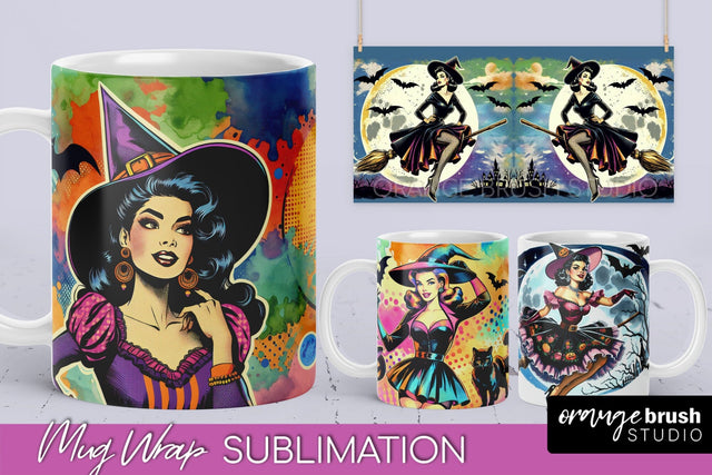 Witch Mug Wrap - Retro Halloween Mug Sublimation Designs Sublimation OrangeBrushStudio 