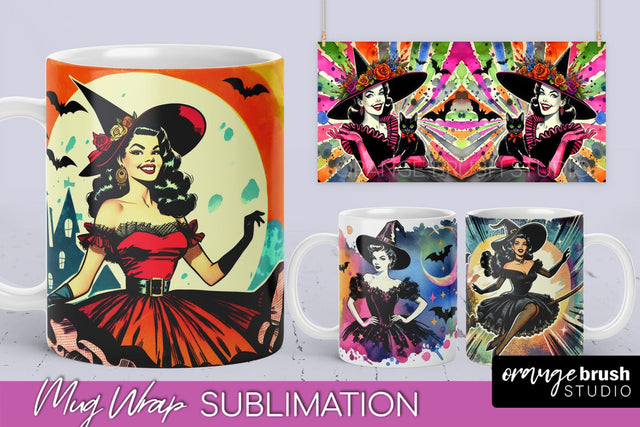 Witch Mug Wrap - Retro Halloween Mug Sublimation Designs Sublimation OrangeBrushStudio 