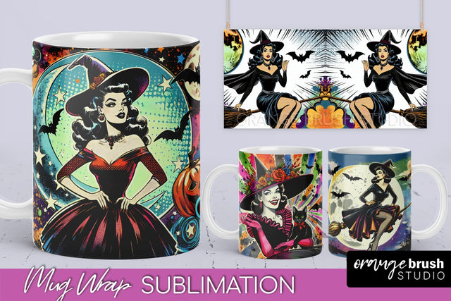 Witch Mug Wrap - Retro Halloween Mug Sublimation Designs Sublimation OrangeBrushStudio 