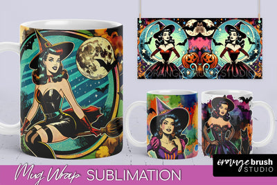 Witch Mug Wrap - Retro Halloween Mug Sublimation Designs Sublimation OrangeBrushStudio 