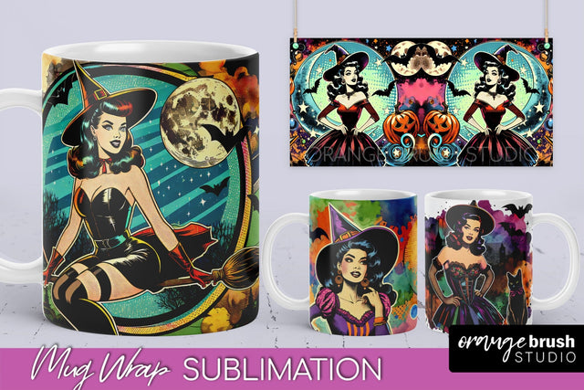 Witch Mug Wrap - Retro Halloween Mug Sublimation Designs Sublimation OrangeBrushStudio 