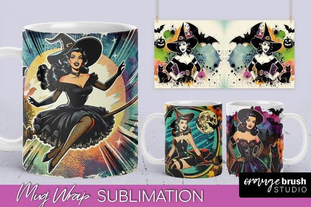 Witch Mug Wrap - Retro Halloween Mug Sublimation Designs Sublimation OrangeBrushStudio 