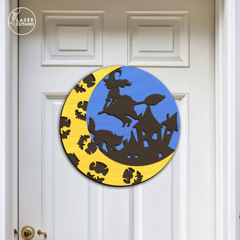 Witch on Broom Halloween Door Hanger Laser Cut File – Spooky Round Sign with Moon, Cat & Haunted House, Layered SVG for Laser Cutters SVG LaserCutano 