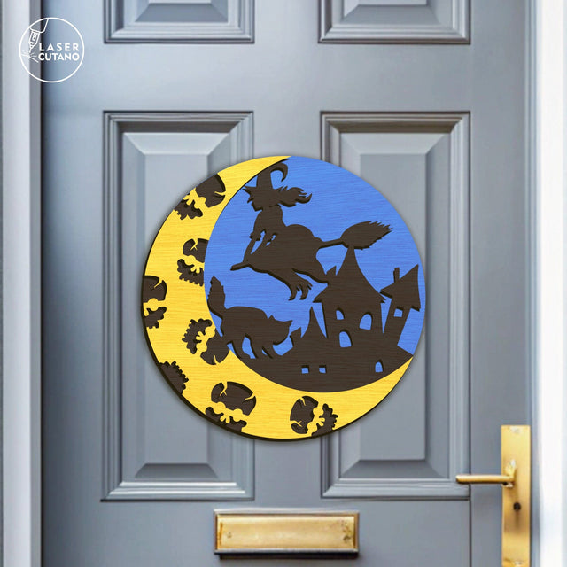 Witch on Broom Halloween Door Hanger Laser Cut File – Spooky Round Sign with Moon, Cat & Haunted House, Layered SVG for Laser Cutters SVG LaserCutano 