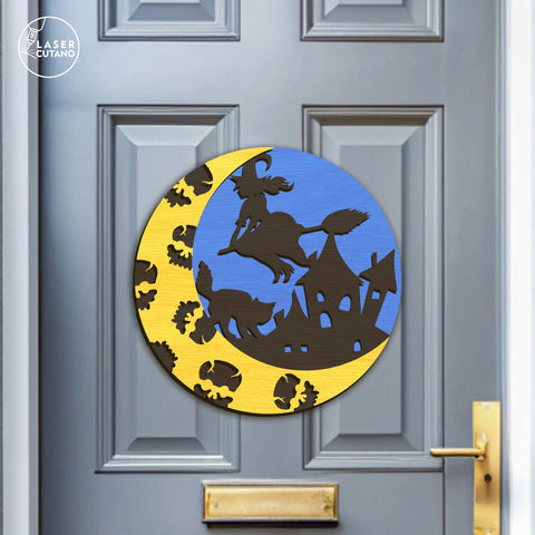 Witch on Broom Halloween Door Hanger Laser Cut File – Spooky Round Sign with Moon, Cat & Haunted House, Layered SVG for Laser Cutters SVG LaserCutano 