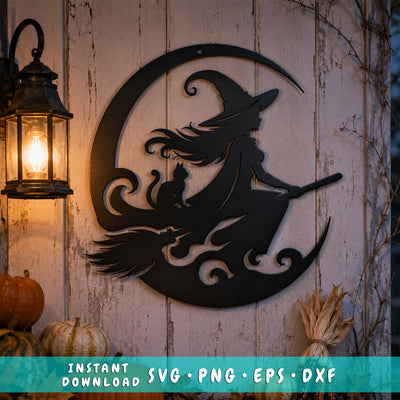 Witch on Broom Laser SVG, Halloween Witch DXF, Witch and Cat Metal Art, Crescent Moon CNC Plasma Cutting File, Spooky Halloween Wall Decor SVG HappyDesignStudio 