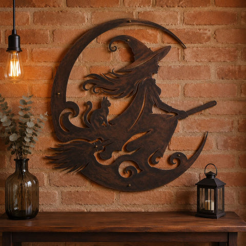 Witch on Broom Laser SVG, Halloween Witch DXF, Witch and Cat Metal Art, Crescent Moon CNC Plasma Cutting File, Spooky Halloween Wall Decor SVG HappyDesignStudio 