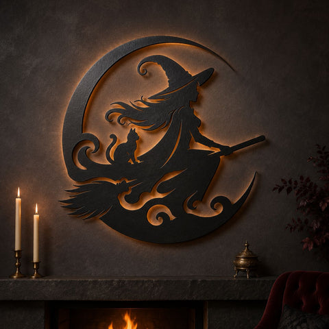 Witch on Broom Laser SVG, Halloween Witch DXF, Witch and Cat Metal Art, Crescent Moon CNC Plasma Cutting File, Spooky Halloween Wall Decor SVG HappyDesignStudio 