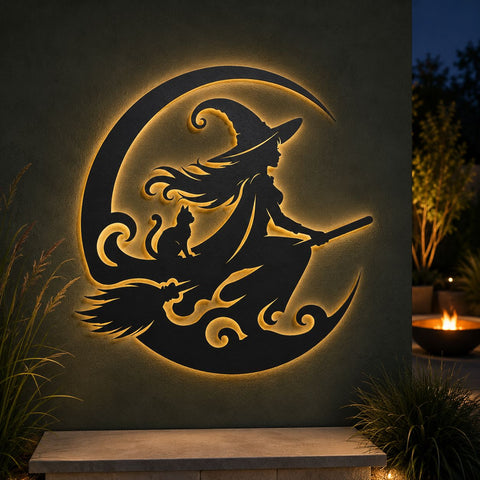 Witch on Broom Laser SVG, Halloween Witch DXF, Witch and Cat Metal Art, Crescent Moon CNC Plasma Cutting File, Spooky Halloween Wall Decor SVG HappyDesignStudio 