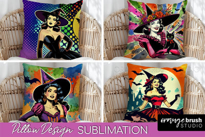 Witch Pillow Cover - Retro Halloween Pillow Sublimation PNG Sublimation OrangeBrushStudio 