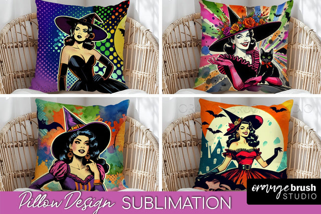 Witch Pillow Cover - Retro Halloween Pillow Sublimation PNG Sublimation OrangeBrushStudio 