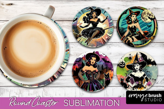 Witch Round Coaster, Retro Halloween Coaster Sublimation PNG Sublimation OrangeBrushStudio 