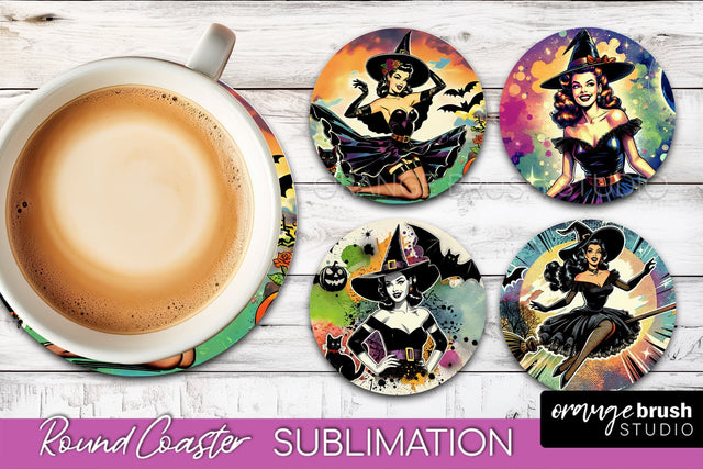 Witch Round Coaster, Retro Halloween Coaster Sublimation PNG Sublimation OrangeBrushStudio 